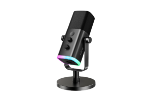 FIFINE AM8 RGB dynamic USB/XLR microphone with desktop stand and customizable RGB lighting for streaming, gaming, podcasting, and content creation.