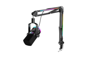 FIFINE AM8T Pro RGB dynamic USB/XLR microphone mounted on an RGB boom arm, designed for streaming, podcasting, gaming, and content creation.