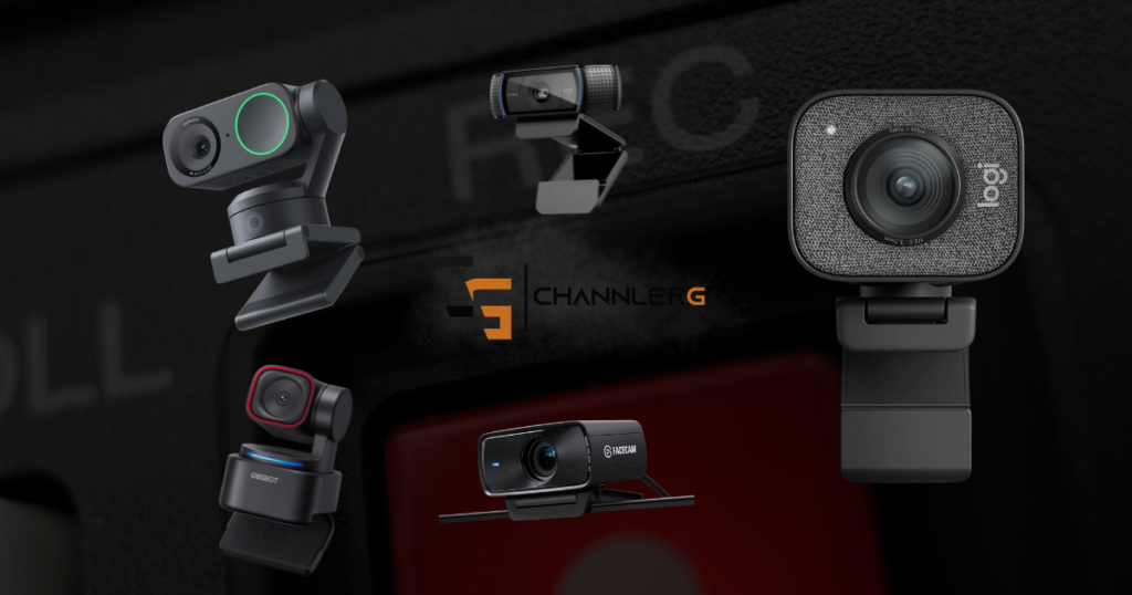 Comparison image featuring five popular streaming webcams, including the Insta360 Link 2, Logitech C920, Logitech StreamCam, OBSBOT Tiny 2 Lite, and Elgato Facecam around the ChannlerG logo.