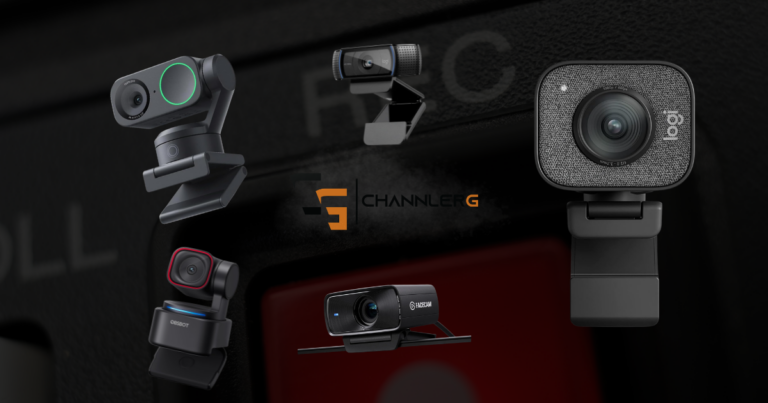 Comparison image featuring five popular streaming webcams, including the Insta360 Link 2, Logitech C920, Logitech StreamCam, OBSBOT Tiny 2 Lite, and Elgato Facecam around the ChannlerG logo.
