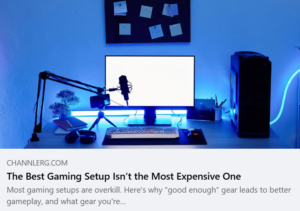 Clean gaming and streaming desk setup with a single monitor, microphone, webcam, PC, and blue LED lighting, illustrating that a simple setup can be just as effective as an expensive one.