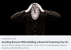 Person holding their head with a clock replacing their face, symbolizing burnout, time pressure, and the mental strain of building a brand while protecting mental health.