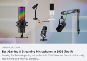 Comparison of the best gaming and streaming microphones in 2026, featuring the HyperX QuadCast S, Shure MV7+, Elgato Wave Neo, Fifine AM8 Pro, and RGB boom arm setup.