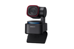 OBSBOT Tiny 3 Lite AI-powered 4K webcam with a motorized PTZ design and built-in mounting clip on a transparent background.