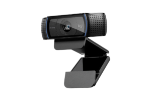 Logitech C920 HD Pro webcam with integrated stereo microphones and an adjustable monitor mounting clip on a transparent background.