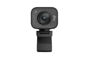 Logitech StreamCam Full HD webcam with a graphite fabric front, autofocus lens, and adjustable monitor mount on a transparent background.