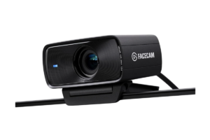 Elgato Facecam Full HD webcam with a premium glass lens, fixed-focus design, and adjustable monitor mount on a transparent background.