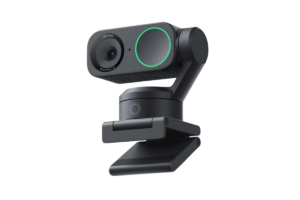Insta360 Link 2 AI-powered 4K webcam with a motorized gimbal, gesture controls, and adjustable monitor mount on a transparent background.