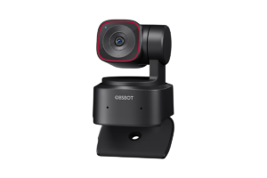 OBSBOT Tiny 2 Lite AI-powered PTZ webcam with a motorized gimbal, Full HD camera, and adjustable monitor clip on a transparent background.
