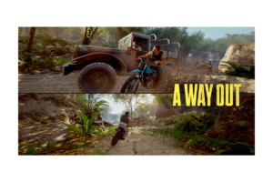 A Way Out gameplay showing Leo and Vincent escaping through the jungle during a high-speed motorcycle and truck chase.