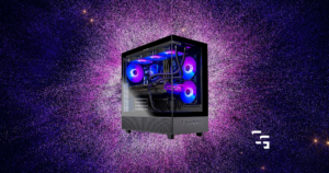 RGB-lit gaming PC with a glass side panel and visible cooling fans against a purple space-like background.