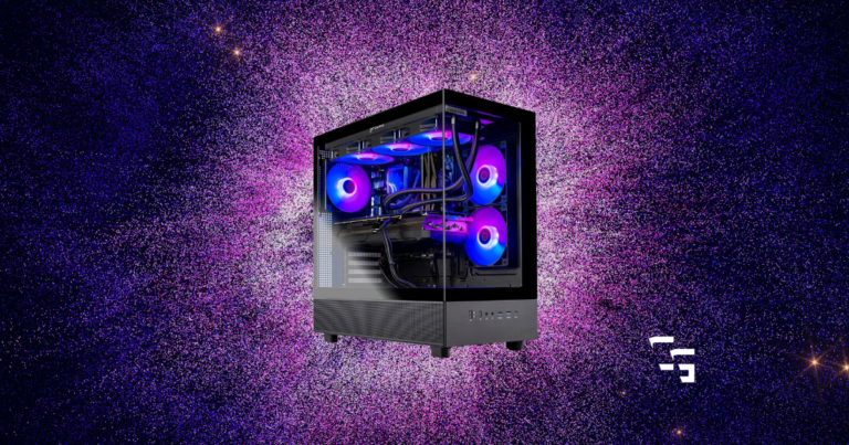 RGB-lit gaming PC with a glass side panel and visible cooling fans against a purple space-like background.
