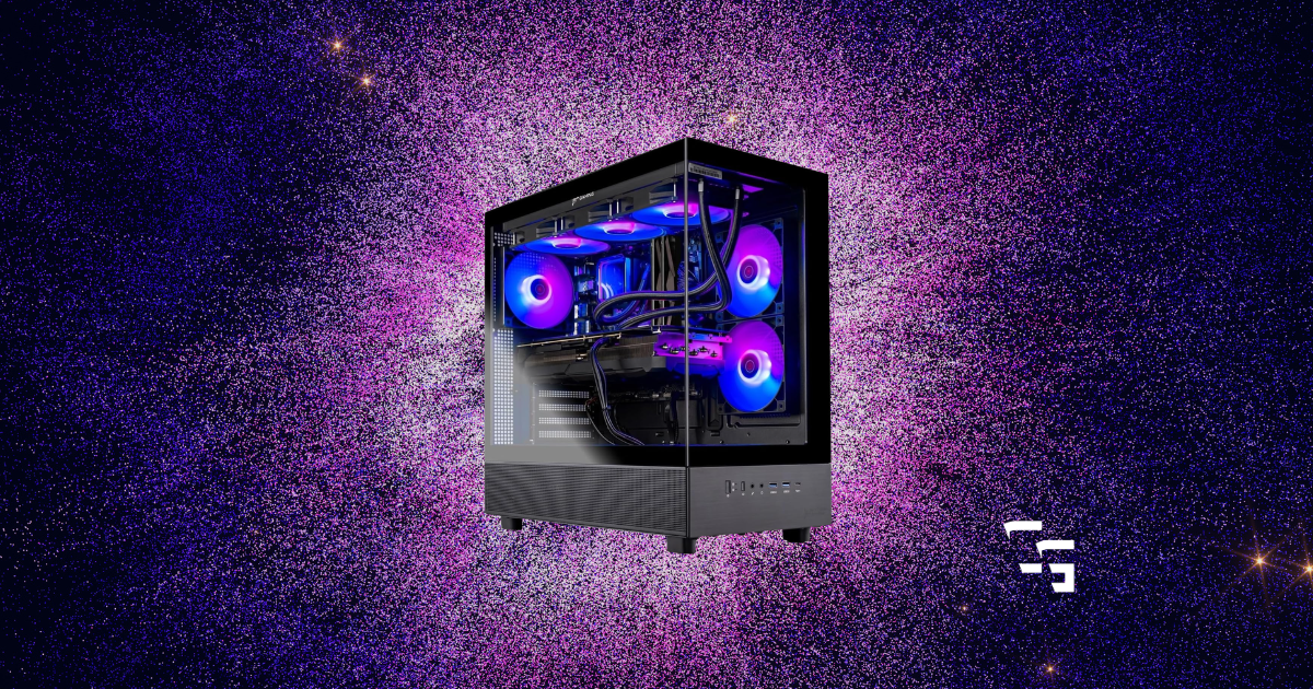 RGB-lit gaming PC with a glass side panel and visible cooling fans against a purple space-like background.