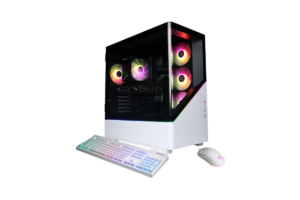 CyberPowerPC prebuilt gaming desktop with a white tempered glass case, RGB fans, RGB keyboard, and gaming mouse.