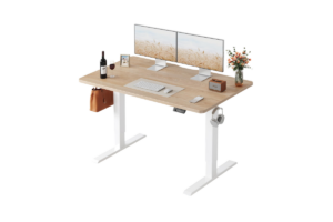 FEZIBO electric standing desk with a natural wood desktop, white frame, dual monitors, keyboard, mouse, and modern home office accessories.