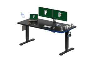 FlexiSpot electric standing desk with dual monitors, laptop, keyboard, mouse, and gaming accessories on a black desktop.
