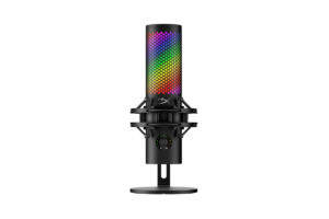 HyperX QuadCast S RGB USB condenser microphone with customizable lighting, shock mount, and desktop stand for streaming, gaming, podcasting, and voice recording.
