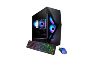 iBUYPOWER prebuilt gaming desktop with a tempered glass case, RGB fans, RGB keyboard, and gaming mouse.