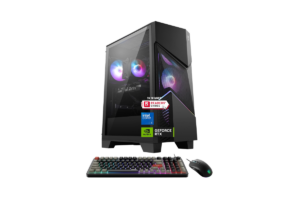 MSI Codex prebuilt gaming desktop with a tempered glass side panel, RGB fans, RGB keyboard, mouse, and NVIDIA GeForce RTX graphics.