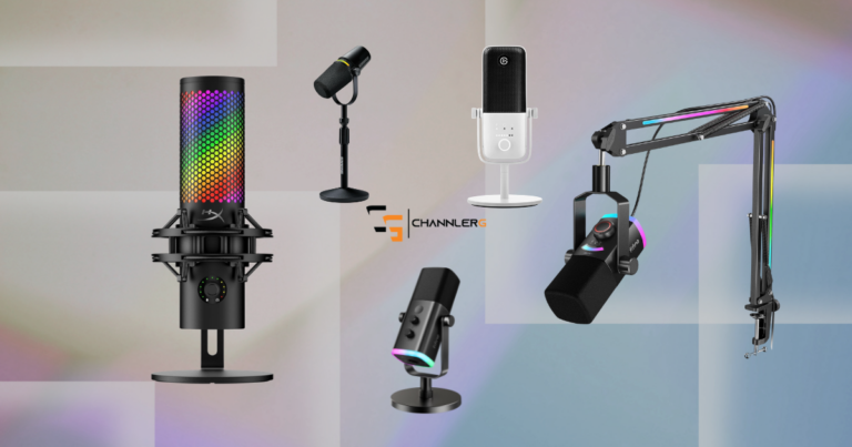 Collage of multiple professional microphones and a boom arm set against a pastel gradient backdrop, showcasing audio gear.