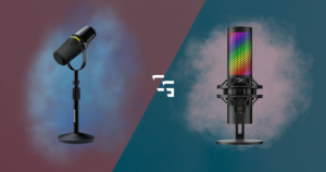 Two studio microphones are shown on stands against a diagonal split background (maroon left, teal right): left a black mic with a foam windscreen, right a rainbow-lit mic with a shock mount and base.