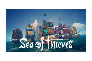 Sea of Thieves gameplay featuring multiple pirate ships sailing together in a fleet on the open ocean.