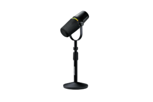 Shure MV7+ dynamic USB/XLR microphone on a desktop stand with built-in pop filter, designed for streaming, podcasting, gaming, and professional voice recording.
