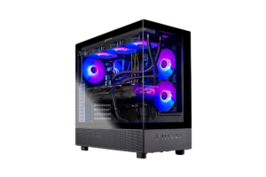 Skytech Azure 3 prebuilt gaming desktop with panoramic tempered glass panels, RGB fans, liquid CPU cooler, and GeForce RTX graphics card.