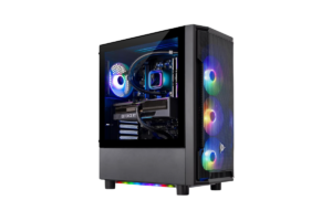 Skytech Shadow gaming desktop PC with RGB fans, tempered glass side panel, liquid CPU cooler, and GeForce RTX graphics card.