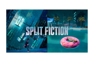 Split Fiction gameplay featuring a futuristic cyberpunk city on one side and a tropical beach with a floating donut on the other, showcasing the game's contrasting worlds.