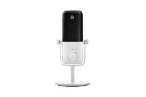 Elgato Wave:3 USB condenser microphone in white with desktop stand, front controls, and built-in digital mixer for streaming, podcasting, and content creation.