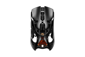 Black Angry Miao Infinity Mouse with an open-frame skeletal design and orange internal accents.