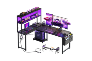 AODK L-shaped gaming desk with dual monitors, RGB lighting, monitor shelf, PC tower stand, storage bag, headset hook, and gaming accessories.