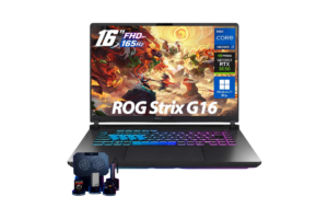 ASUS ROG Strix G16 gaming laptop with a 16-inch 165Hz display, Intel Core i7-14650HX processor, NVIDIA GeForce RTX 5050 graphics, RGB keyboard, and cooling accessories.