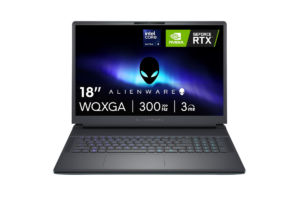 Alienware 18 Area-51 gaming laptop with an 18-inch WQXGA 300Hz display, Intel Core Ultra 9 processor, NVIDIA GeForce RTX graphics, and RGB backlit keyboard.