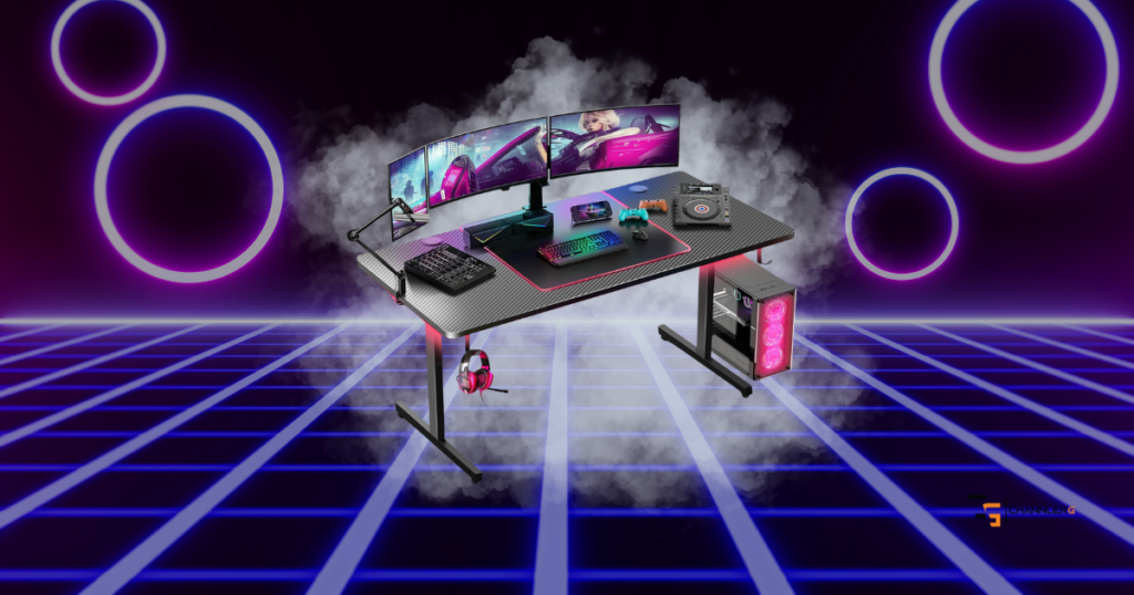 Budget gaming desk with dual monitors, RGB lighting, PC tower, and gaming accessories