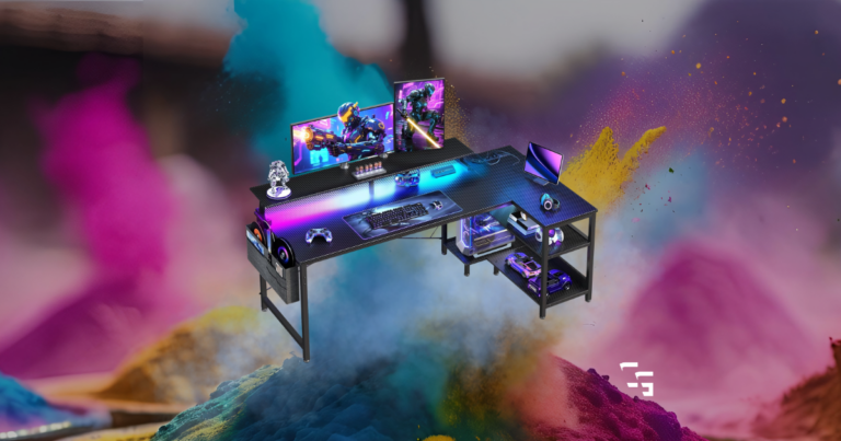 Modern L-shaped gaming desk with dual monitors, RGB lighting, gaming PC, and accessories on a colorful abstract background.