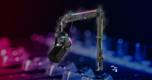 FIFINE AM8 Pro T gaming microphone on RGB boom arm with blurred gaming setup background