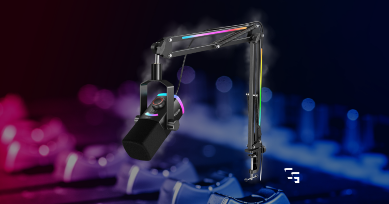 FIFINE AM8 Pro T gaming microphone on RGB boom arm with blurred gaming setup background