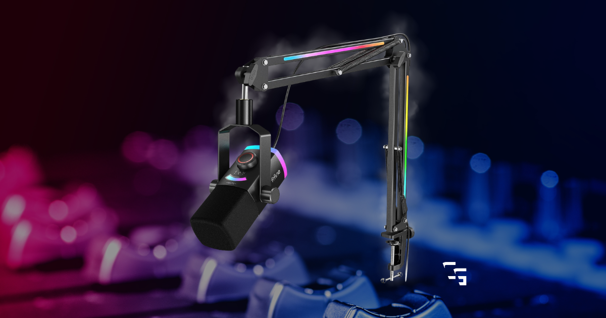 FIFINE AM8 Pro T gaming microphone on RGB boom arm with blurred gaming setup background