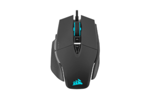 Corsair M65 RGB Ultra wired gaming mouse in black with blue RGB lighting