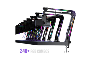 FIFINE AM8 PRO-T microphone and RGB boom arm showing multiple lighting combinations.