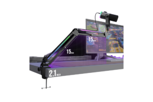 FIFINE AM8 PRO-T microphone on RGB boom arm showing 15-inch reach and desk clamp clearance.