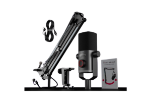 FIFINE AM8 PRO-T microphone kit with boom arm, desk clamp, USB cable, and user guide.