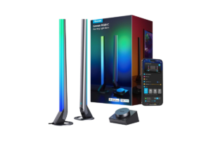 Govee RGBIC Gaming Light Bars H6047 with two RGB light bars, smart controller, mobile app interface, and retail packaging.