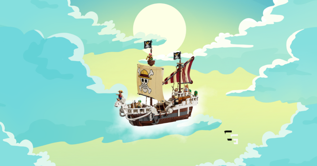 LEGO One Piece Going Merry 75639 pirate ship sailing through a colorful illustrated sky