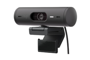 Logitech Brio 501 Full HD webcam with auto light correction and adjustable monitor mount.