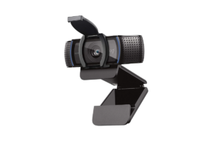 Logitech C920S HD Pro webcam with privacy shutter and adjustable monitor mount.