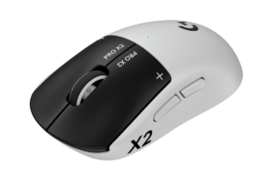 White and black Logitech G PRO X2 SUPERSTRIKE wireless gaming mouse with scroll wheel and side buttons.