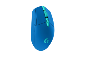 Blue Logitech G305 LIGHTSPEED wireless gaming mouse with teal scroll wheel and side buttons.